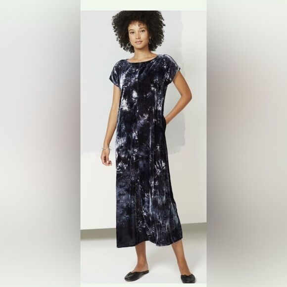 J Jill Pure Jill Tie-Dyed Velvet Maxi Dress Blue Size Small - Picture 1 of 7